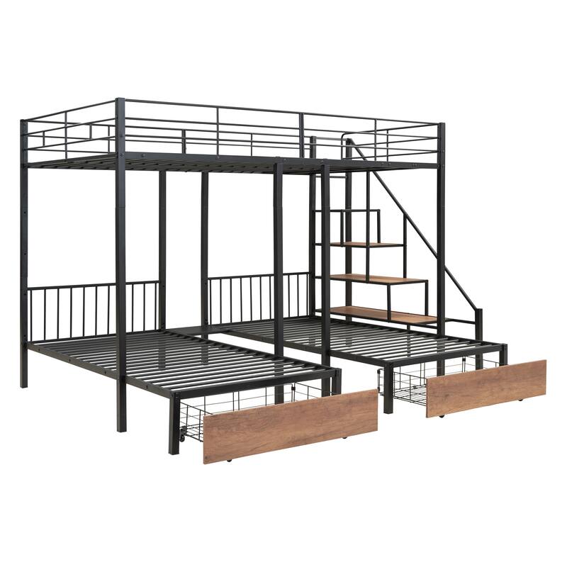 Full Over Twin-Twin Triple Bunk Bed with Drawers and Staircase, Black