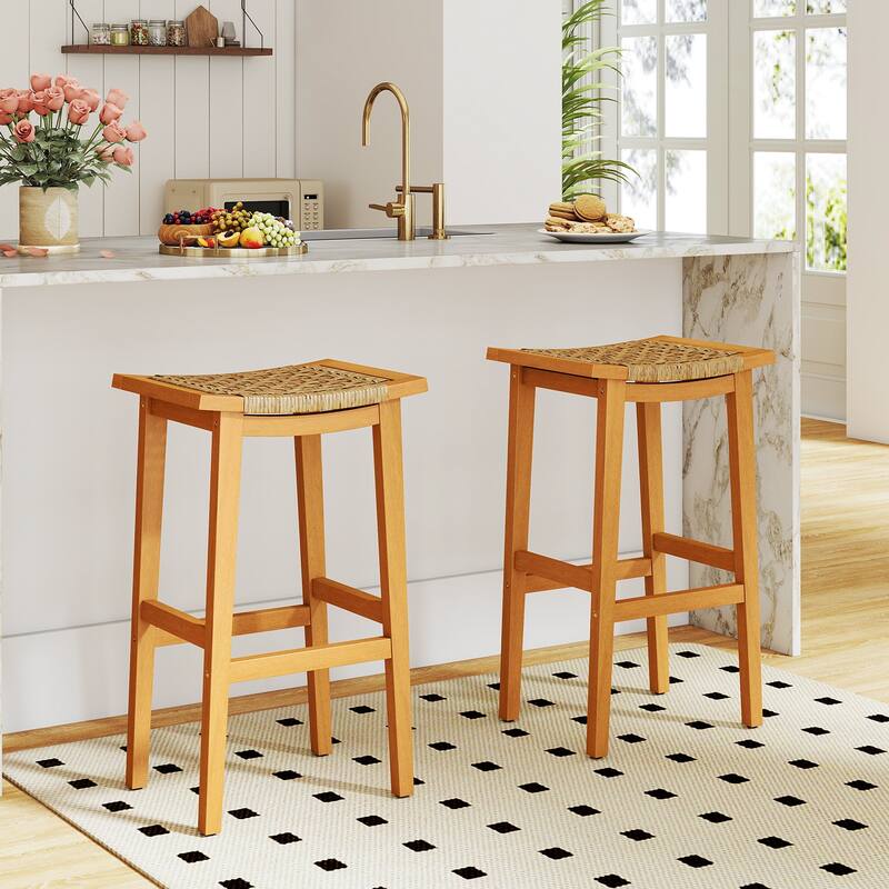 Gymax Outdoor Acacia Wood Bar Stools Set of 4 w/ PE Rattan Seats &