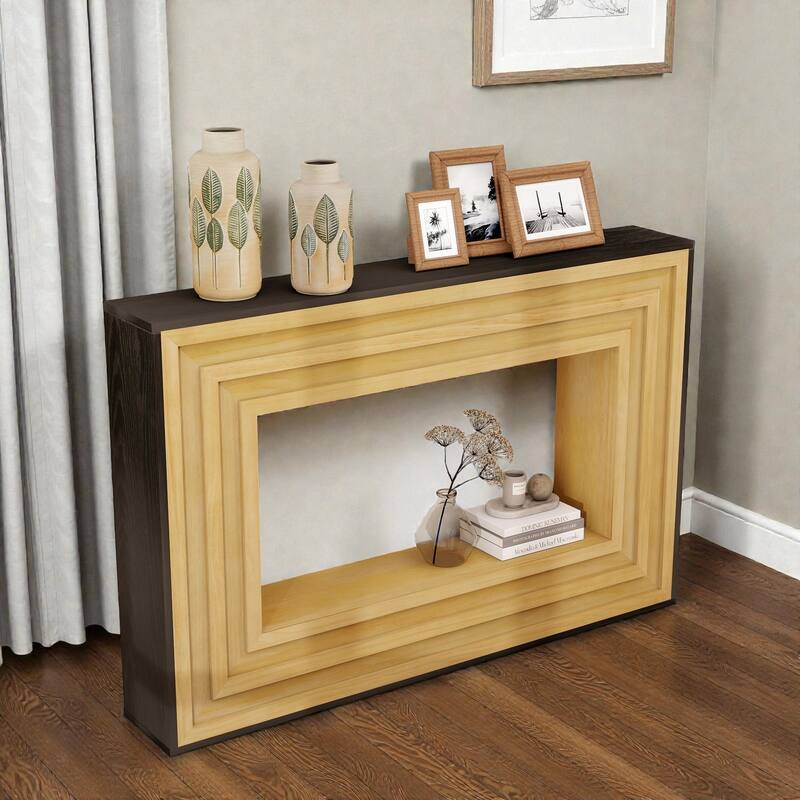 47" Modern Contrast Console Table with Layered Wood Frame and Black Top, Entryway Table for Hallway & Living Room