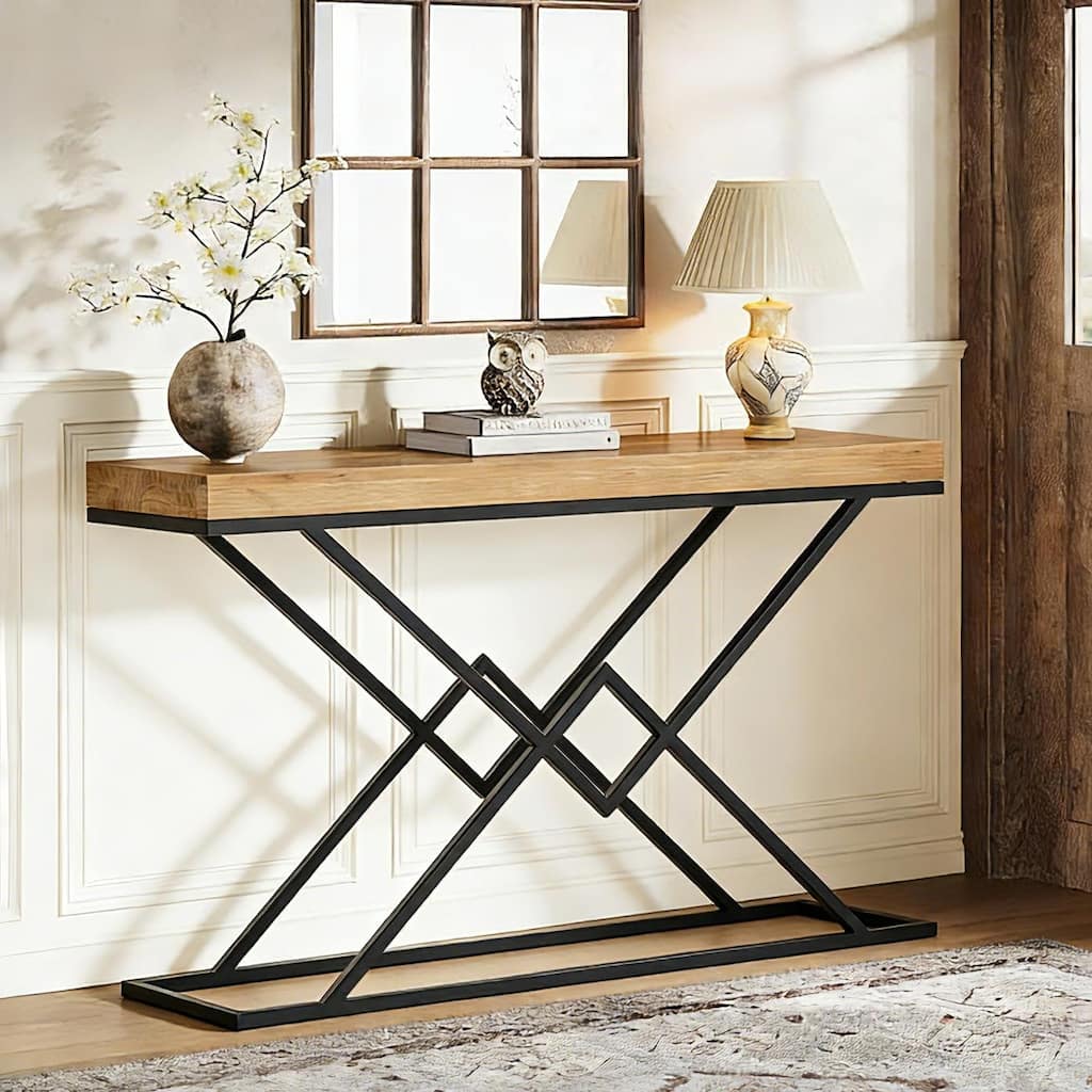 43.2" Solid Wood Console Table with Stylish Geometric Metal Base