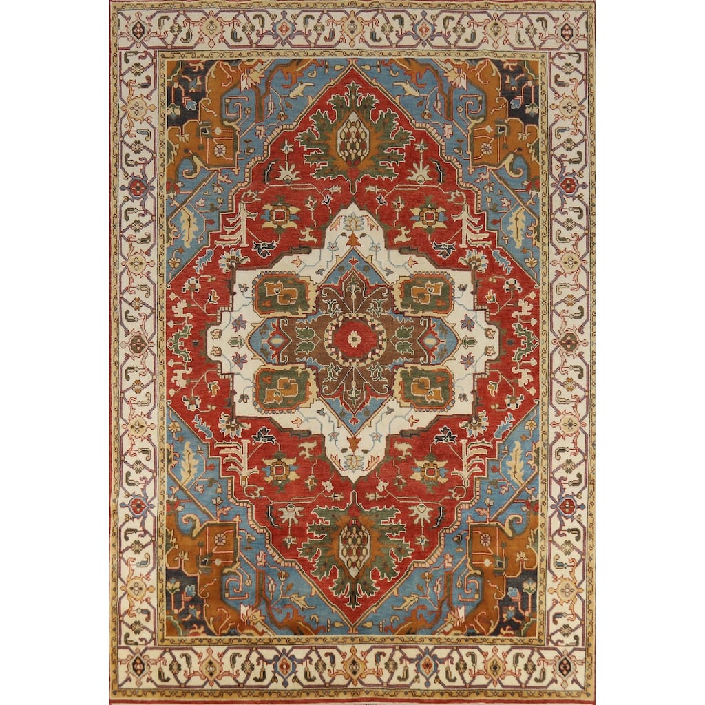 Medallion Orange Heriz Serapi Rug Handmade Traditional Wool Carpet - 8'8" x 11'5"