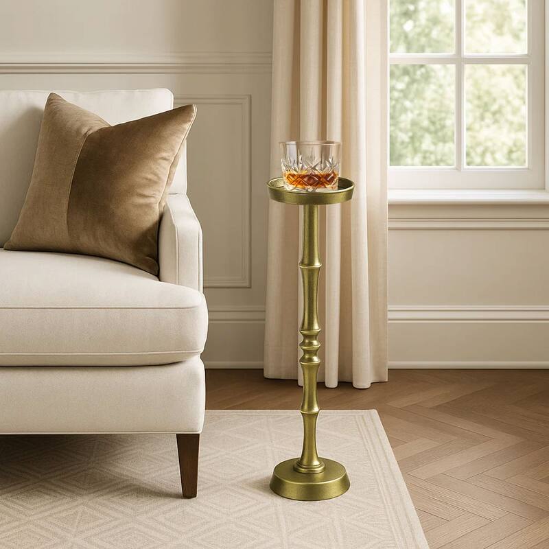 26 Inch Side End Drink Table, Turned Pedestal Metal Base, Round Top, Oxidized Brass