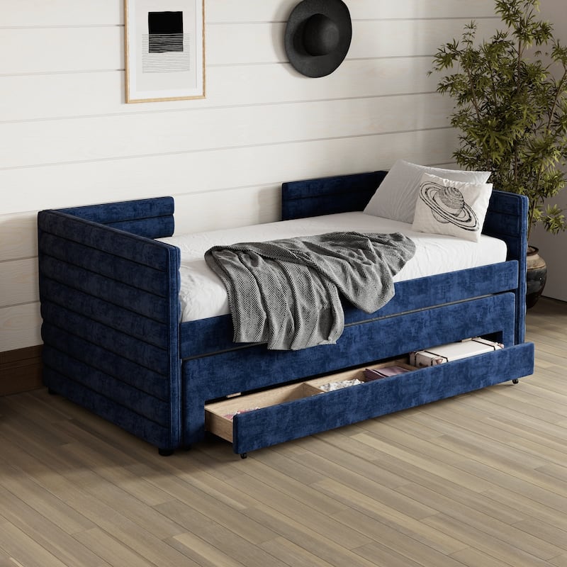 Twin Size Upholstered Daybed with Trundle and 3 Storage Drawers, Fabric Sofa Bed for Guest Room, Living Room