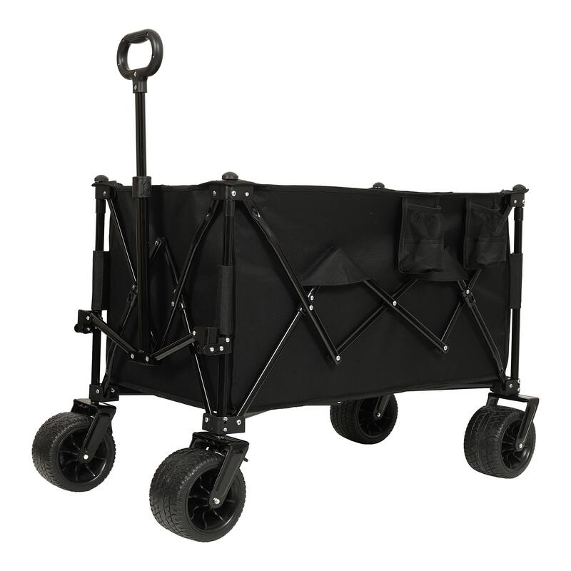 Heavy Duty Foldable Wagon w/ Wheels & Brakes, All-Terrain Utility Cart - Black