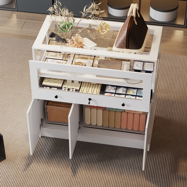 Jewelry and Display Cabinet with Glass Top and Secure