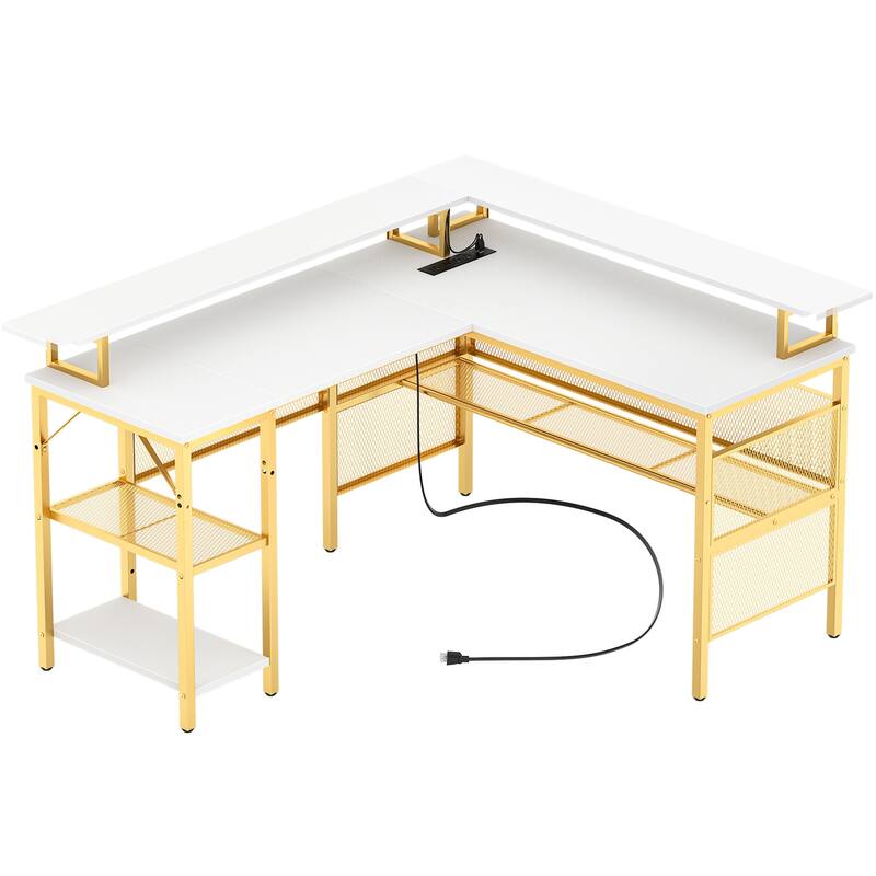 L Shape Computer Desk Reversible Gaming Desk with Charge Station and LED Light