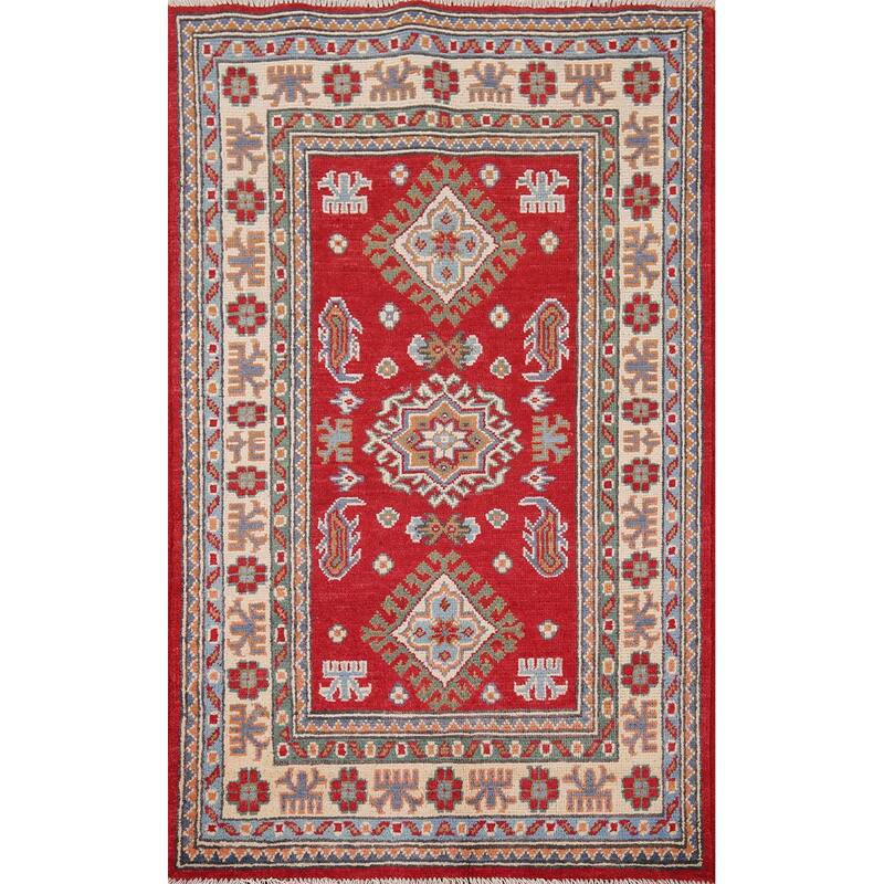 Geometric Red Kazak Oriental Accent Rug Hand-Knotted Wool Carpet - 2'8" x 4'1"