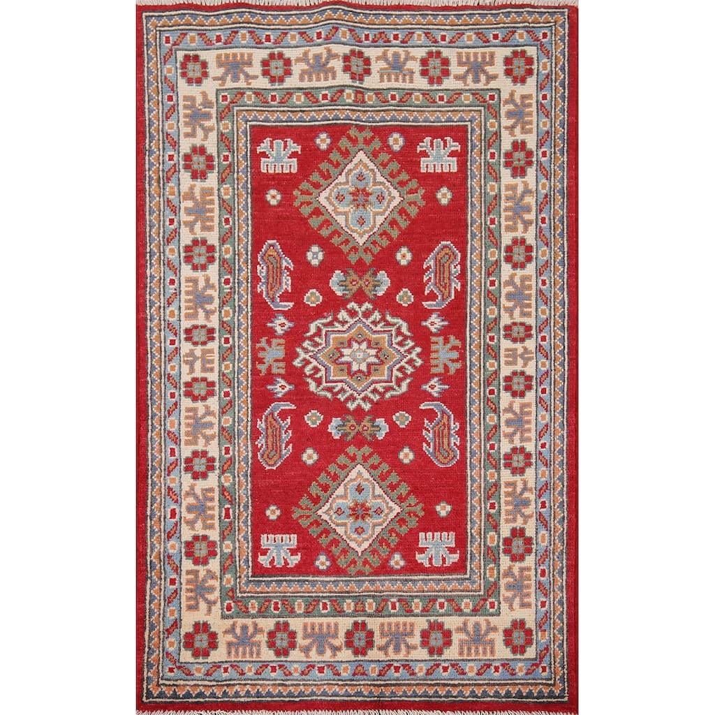 Geometric Red Kazak Oriental Accent Rug Hand-Knotted Wool Carpet - 2'8" x 4'1"