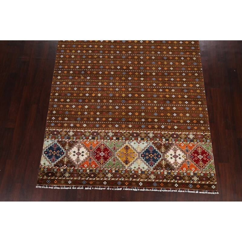 Brown Geometric Kazak Persian Living Room Area Rug Wool Hand-knotted - 6'9" x 9'9"