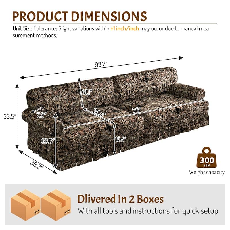 Homy Casa 3/4-Seater Chenille Cloud Sofa with Rolled Arms & Pleated Skirt, Extra Deep Seat, Multiple Colors