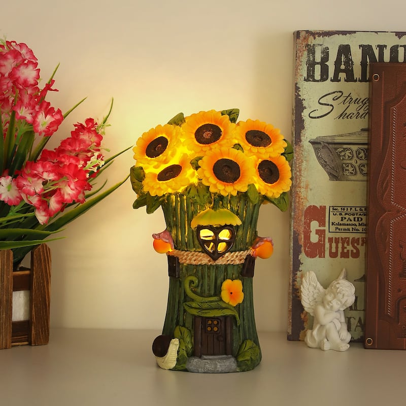 Solar Garden Statues Sunflower House with LED Light
