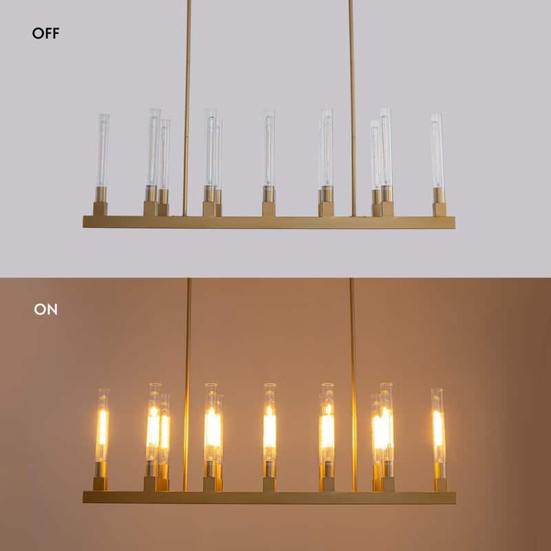 54'' Gold Farmhouse Rectangular Chandelier 12-Light Kitchen Island Lighting with Glass Tube Shades for Living Room & Foyer - N/A