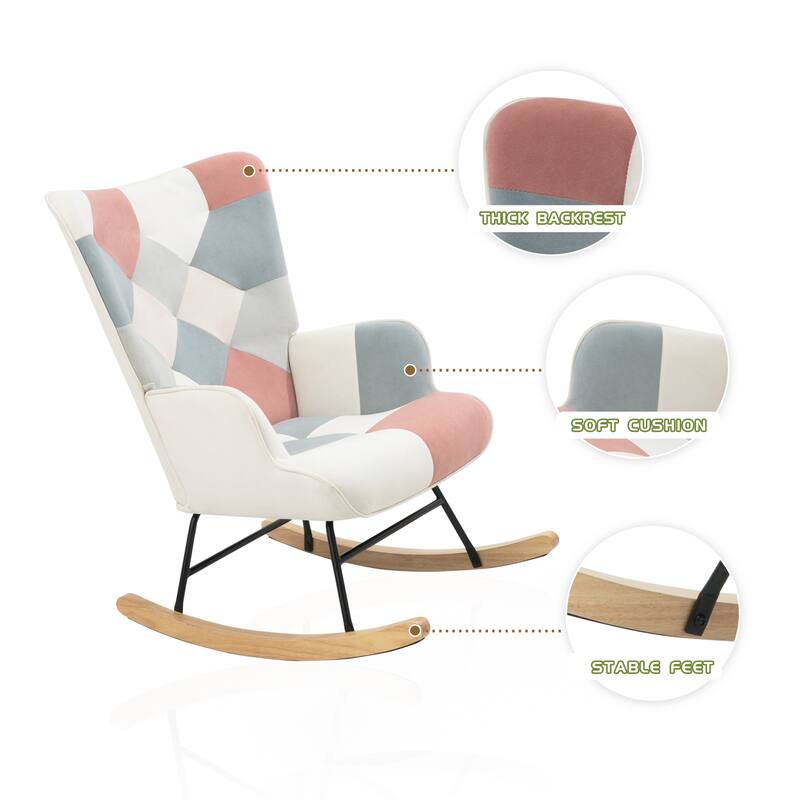 Patchwork Linen Rocking Chair with ottoman Wood Legs