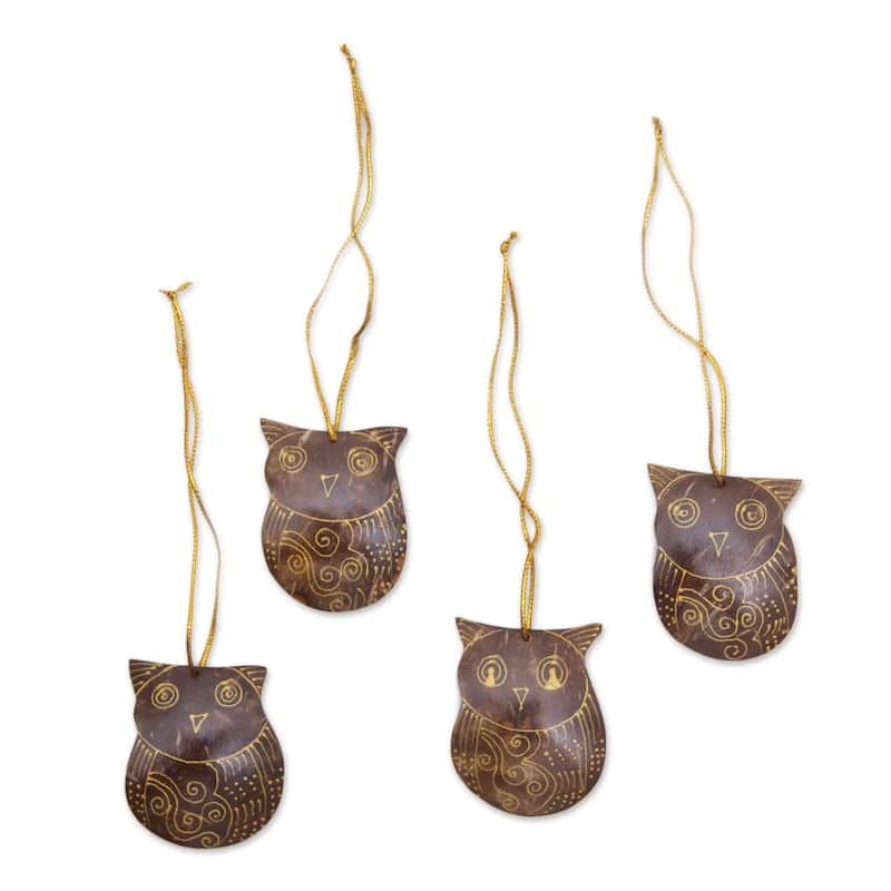 Novica Handmade Watchful Owls Coconut Shell Ornaments (Set Of 4)