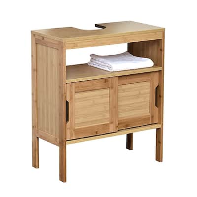 Bamboo Under-Sink Cabinet with Open Shelf and Sliding Doors Mahe Collection - 27.10"H x 23.12"W x 12"D