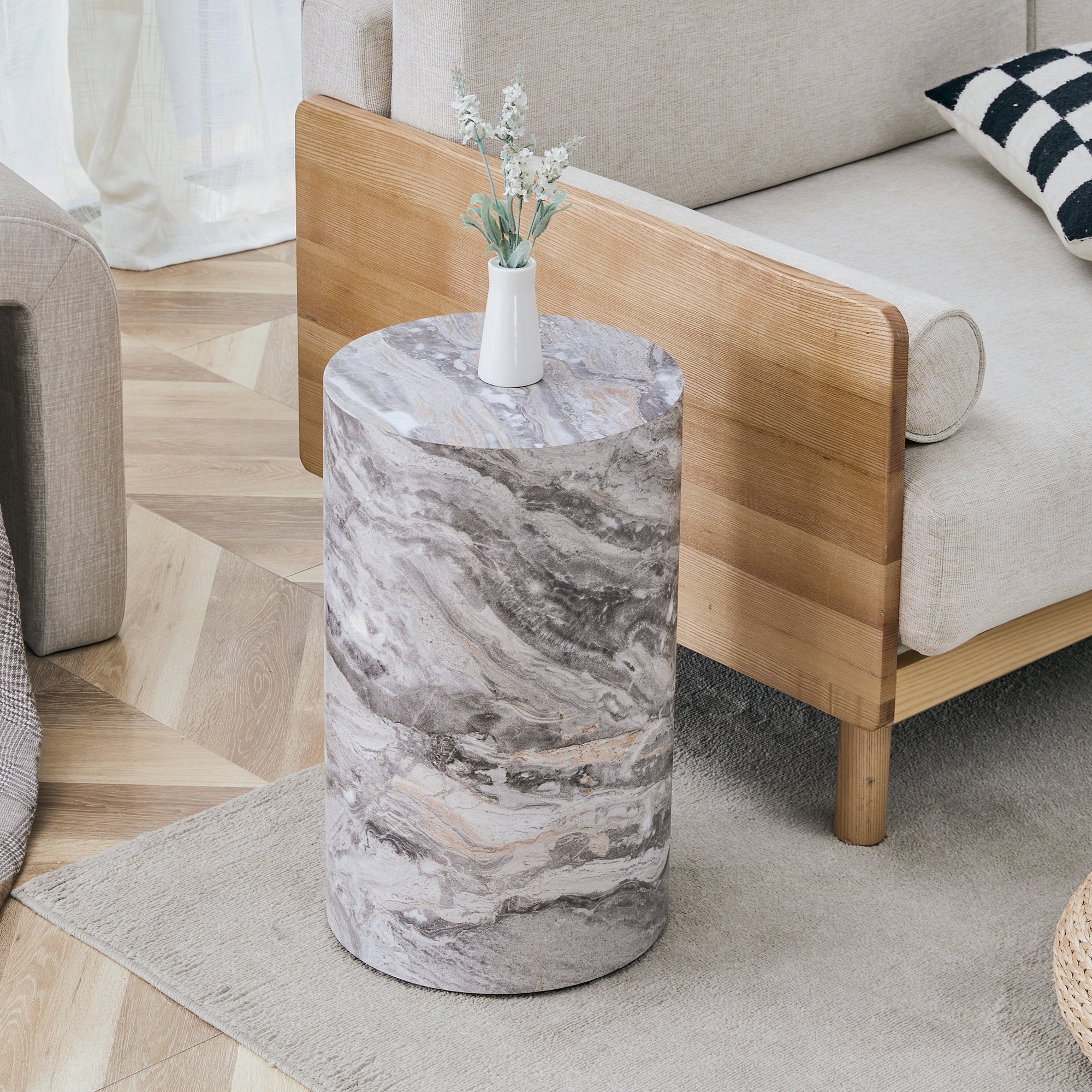 Modern Marble Side Table Accent Table Tea Table with Faux Marble Top, No Assembly Small Round End Table