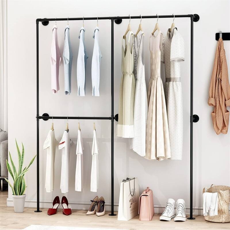 Industrial Pipe Clothing Racks with Double Bar - 43.7"D x 3.74"W x 78.7"H