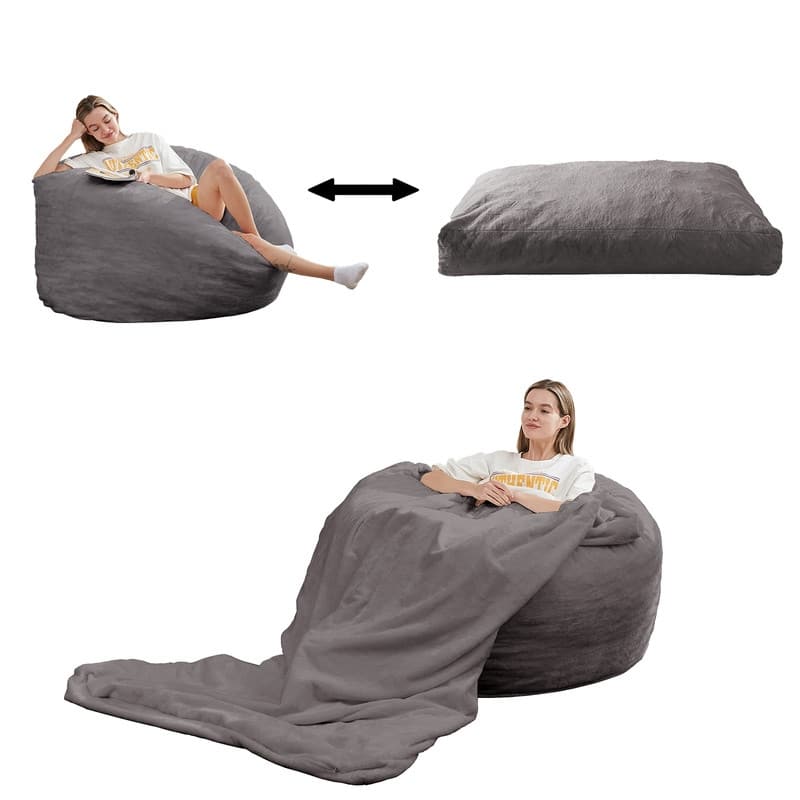 Mixoy Faux Plush Lazy Bean Bag Chairs,Oversized Fluffy Accent Chair,Fuzzy Sofa - Light Grey - Medium