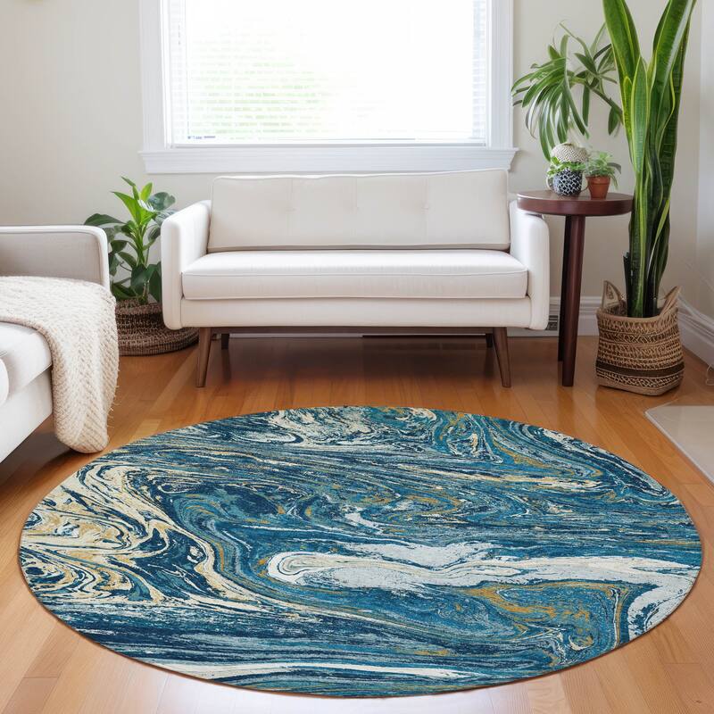 Machine Washable Indoor/ Outdoor Abstract Brushstroke Chantille Rug - Navy - 8' x 8'