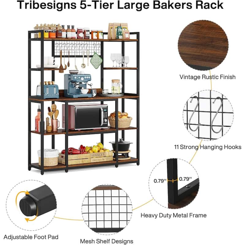Large 55" Baker's Rack with Hutch -5-Tier Storage Shelf with Hooks & Microwave Stand, Kitchen Hutch Cabinet with Metal Frame