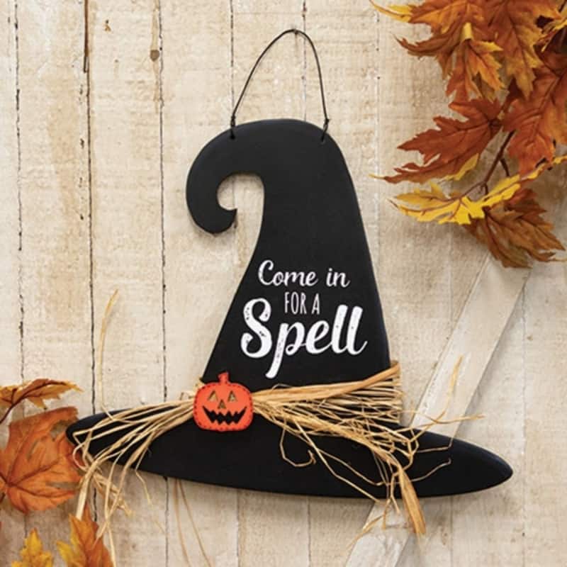13" Halloween Witch Hat Wall Hanging Rustic Wooden Decor with Pumpkin Accent and Metal Hanger - 13" H x 15.5" W x .25" D