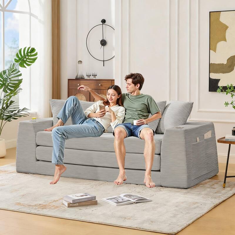 2 in 1 Convertible Sofa Bed, Sleeper Sofa with Storage Pockets, Pull Out Loveseat Couch with Two Cup Holders