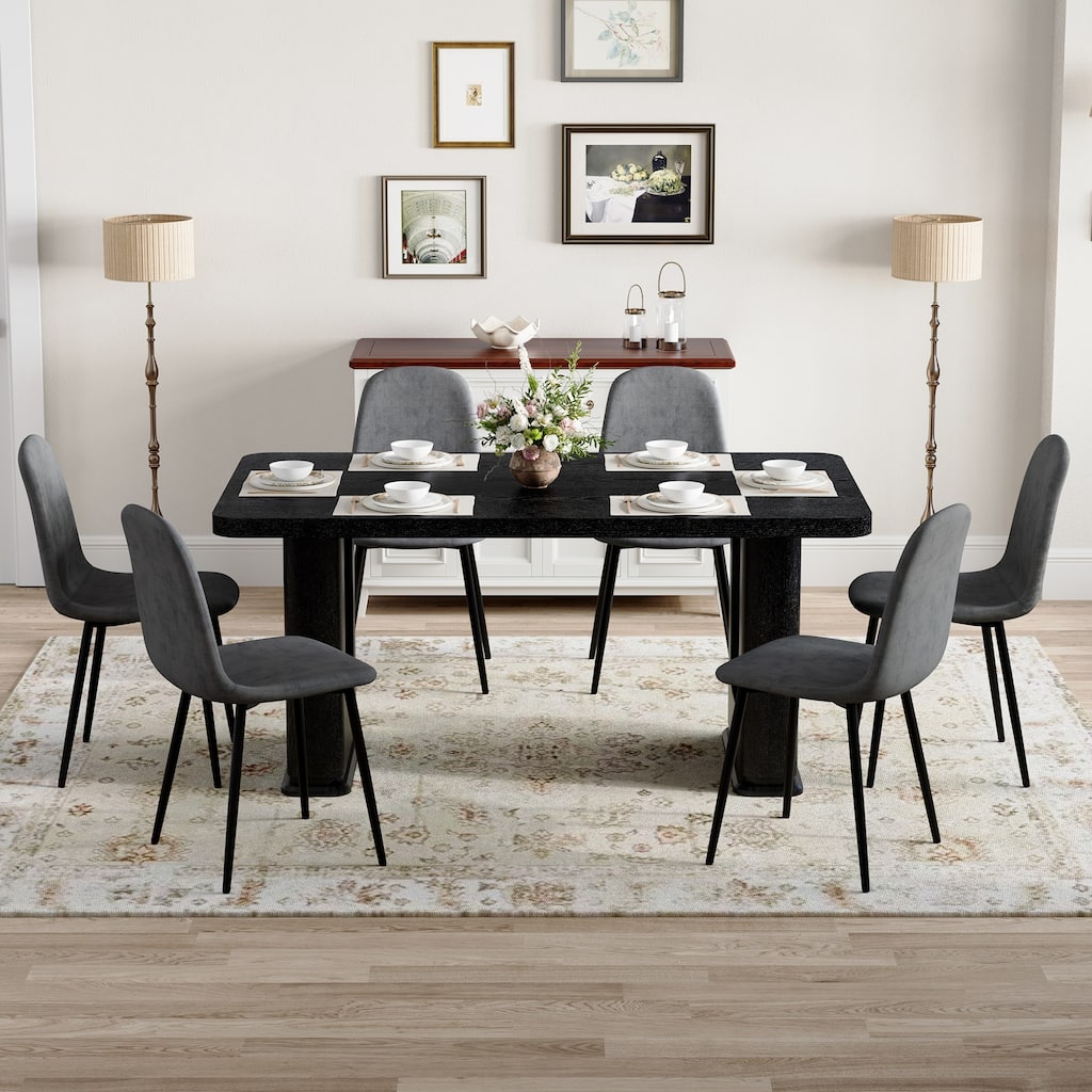 7-Piece Modern Dining Table Set, 64.5x35.4 Inch Textured Wood Table & 6 High-Resilience Fabric Chairs with Metal Legs