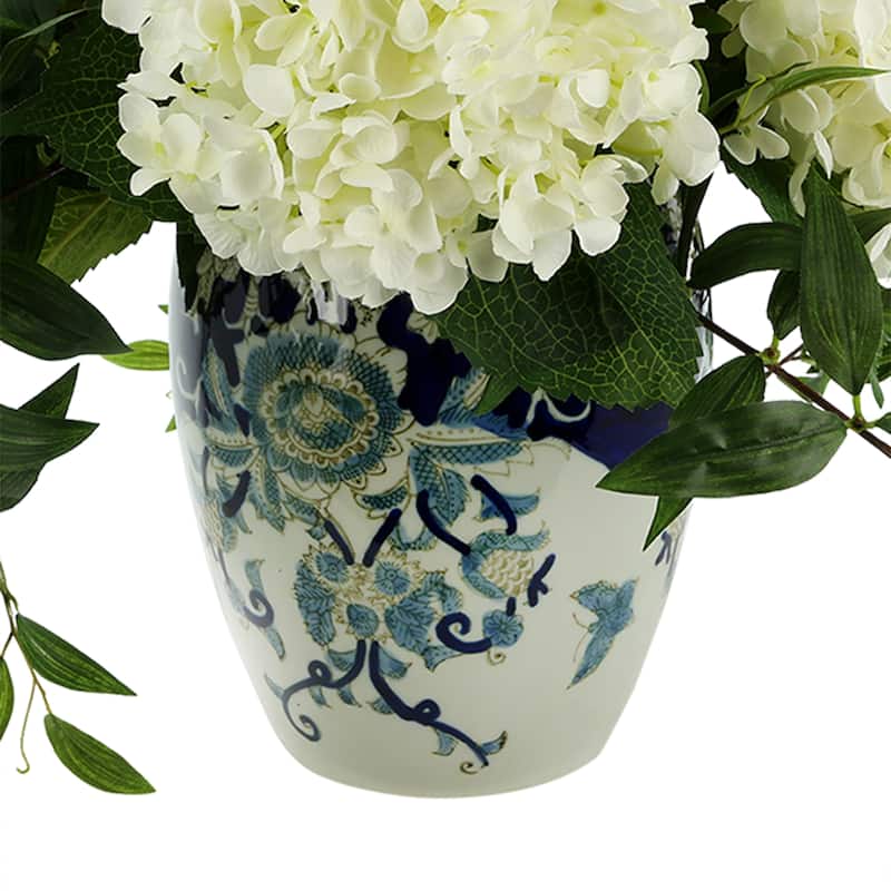 Hydrangea and Ruscus Arrangement in a Ceramic Vase - White, Green, Blue