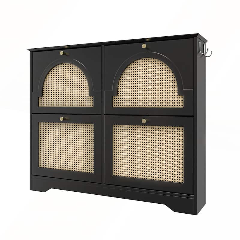 Mid-Century Narrow Design Tipping Bucket Shoe Cabinet with 4 Flip Drawers with Rattan Doors and Hooks