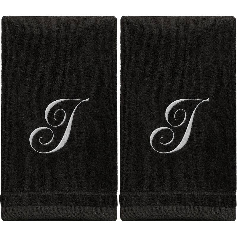 Monogrammed Black Towels Fingertip Embroidered with Initials - I