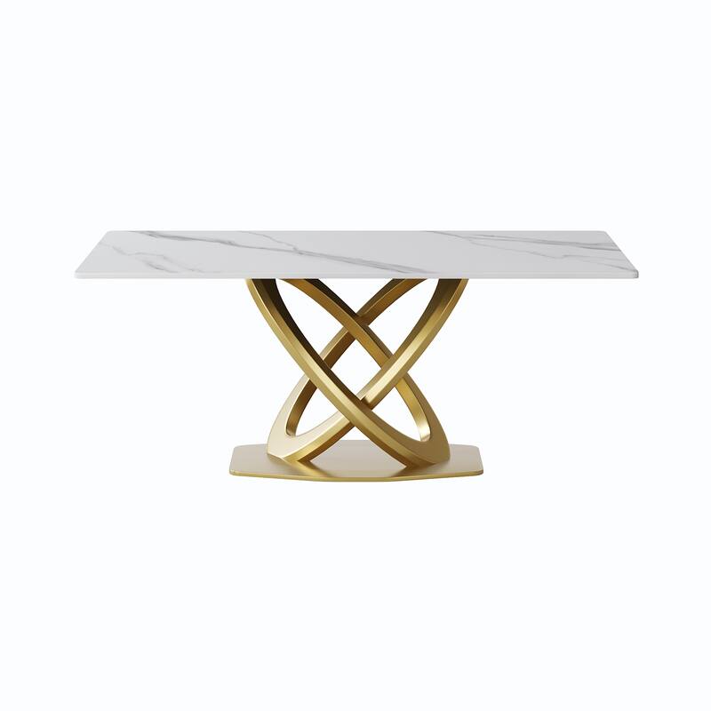 70'' White Sintered Stone Dining Table with Stainless Steel Gold Pedestal