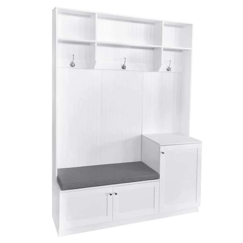 Modern Entryway Hall Tree with Cushioned Storage Bench & Shoe Bench, Tall Coat Rack with Cabinets and Shelves