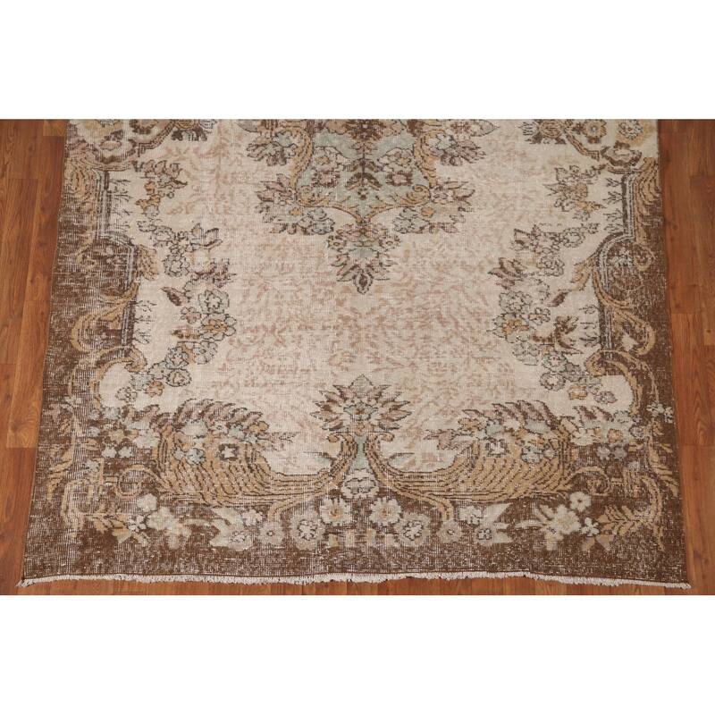 Distressed Sparta Turkish Vintage Rug Hand-Knotted Beige Wool Carpet - 5'11"x 9'1"