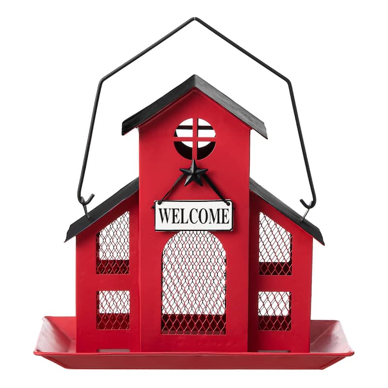 Glitzhome 15.75"H Solid Wood Gazebo Tray Birdfeeder With Metal Roof - Red