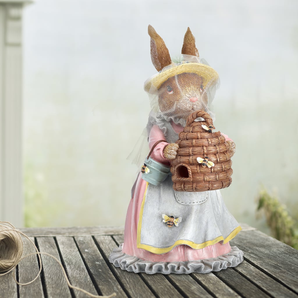 9.5" Resin Bunny With Beehive