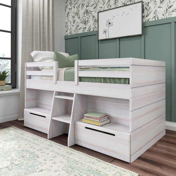 slide 2 of 19, Max and Lily Farmhouse Twin-Size Low Loft with 2 Drawers White Wash