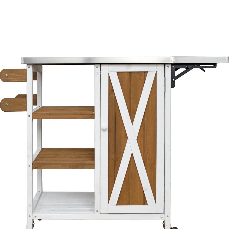 Foldable Outdoor Portable Kitchen Island Cart with Lockable Wheels, Storage Cabinet & Towel Rack