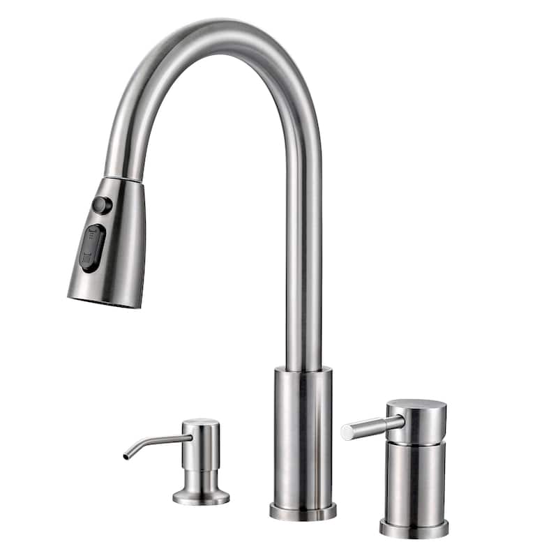 WOWOW Single Handle Pull Down Kitchen Faucet with Soap Dispenser - Brushed Nickel