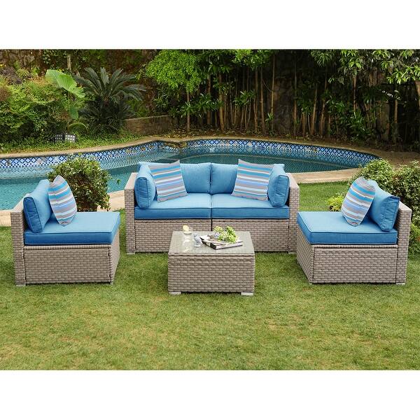 Shop Cosiest 5 Piece Outdoor Furniture Set Wicker Sectional Sofa With Cushions Glass Coffee Table Overstock 31483291 Blue