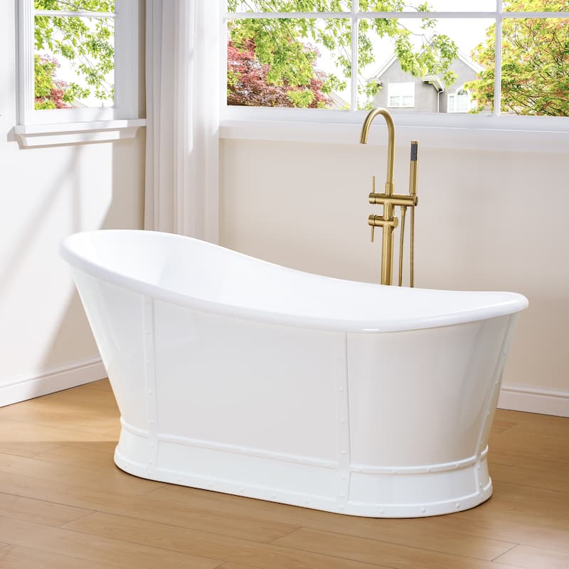 66'' W,69 GALLONS Freestanding Acrylic Soaking Bathtub With Drain And Overflow Holes