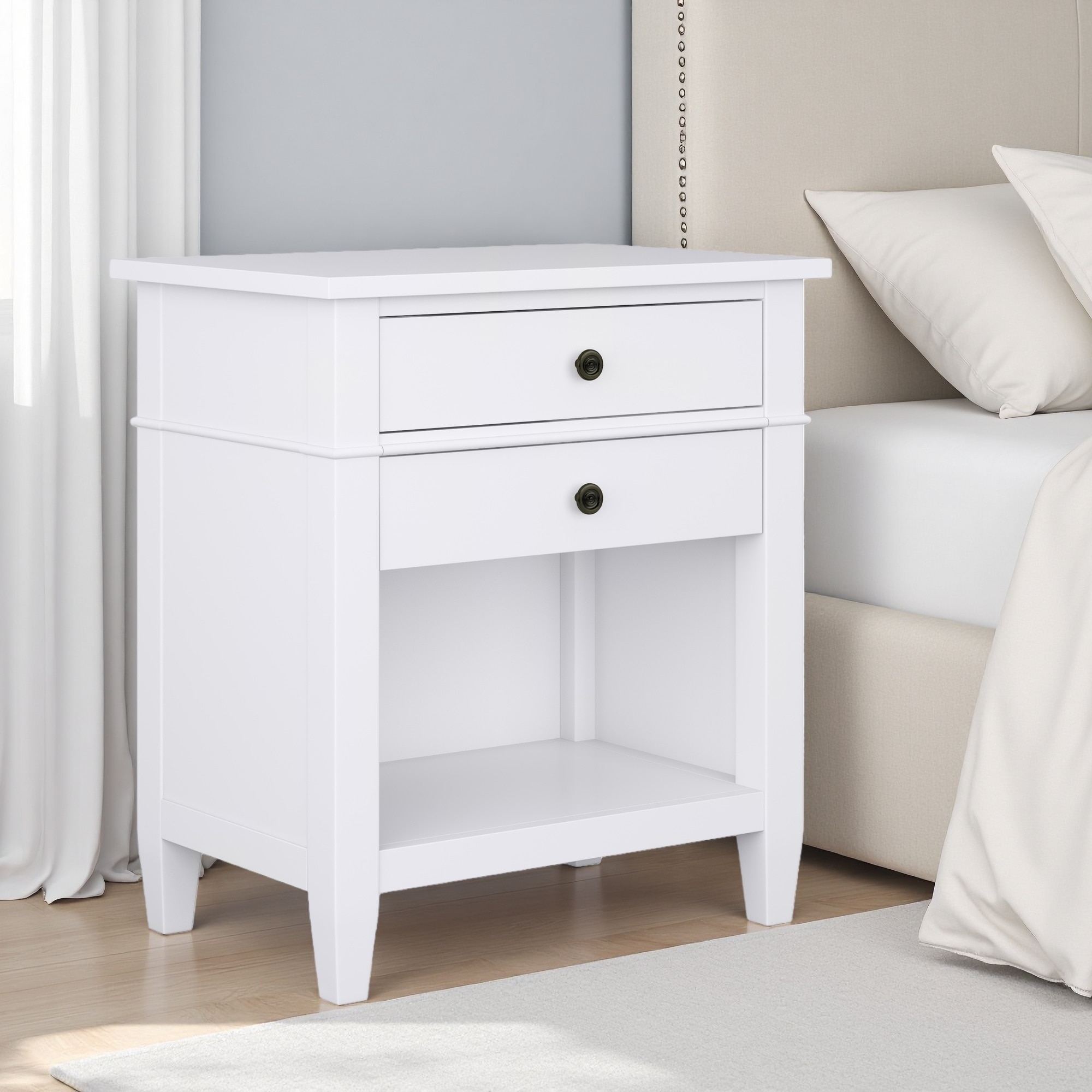 24"L Solid Wood Bedside Table, 2-Drawer Nightstand with Open Bottom Storage, Transitional Design
