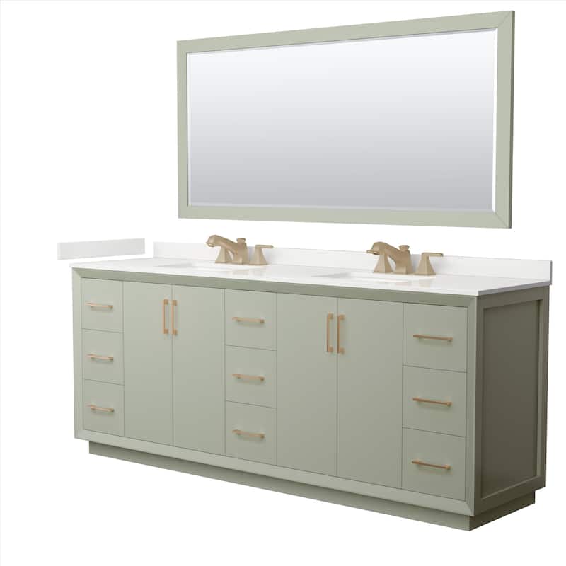 Strada 84-inch Double Vanity, Quartz Top, 70-inch Mirror - Light Green, Bronze Trim, White Quartz Top