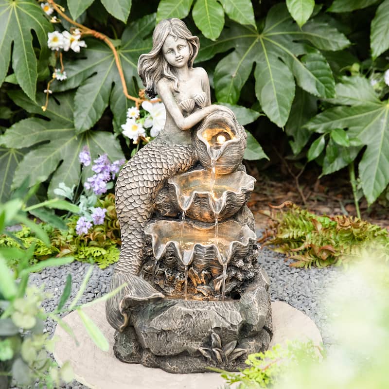 Glitzhome 22"H 4-Tiered LED Lighted Mermaid Fairy Polyresin Outdoor Floor Statue Fountains