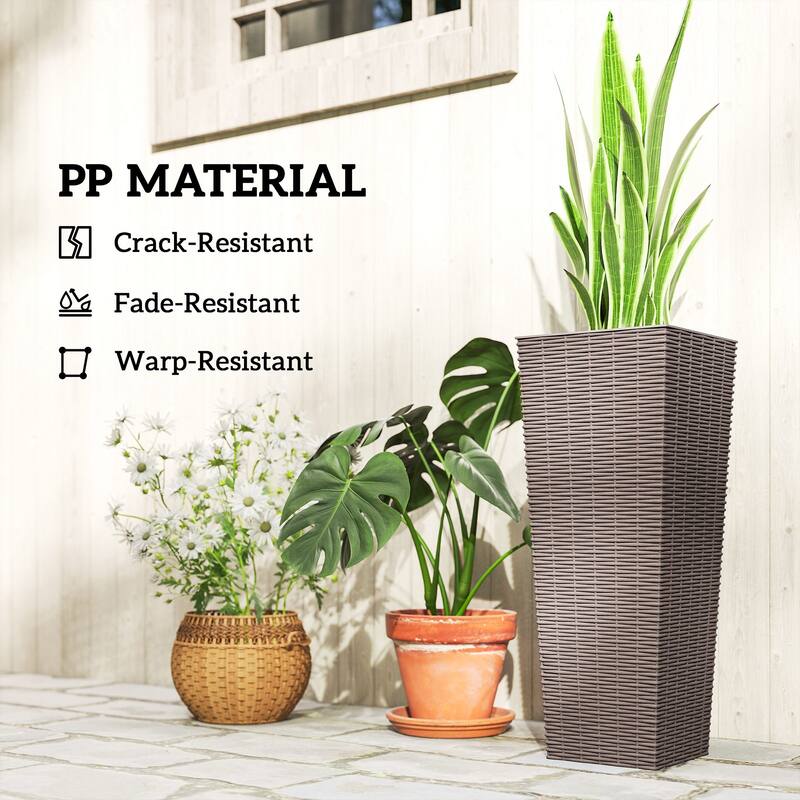 Outsunny 23.6 Inch Tall Planters for Outdoor Plants, Set of 2 Plastic Rattan-Like Flower Pots Front Porch