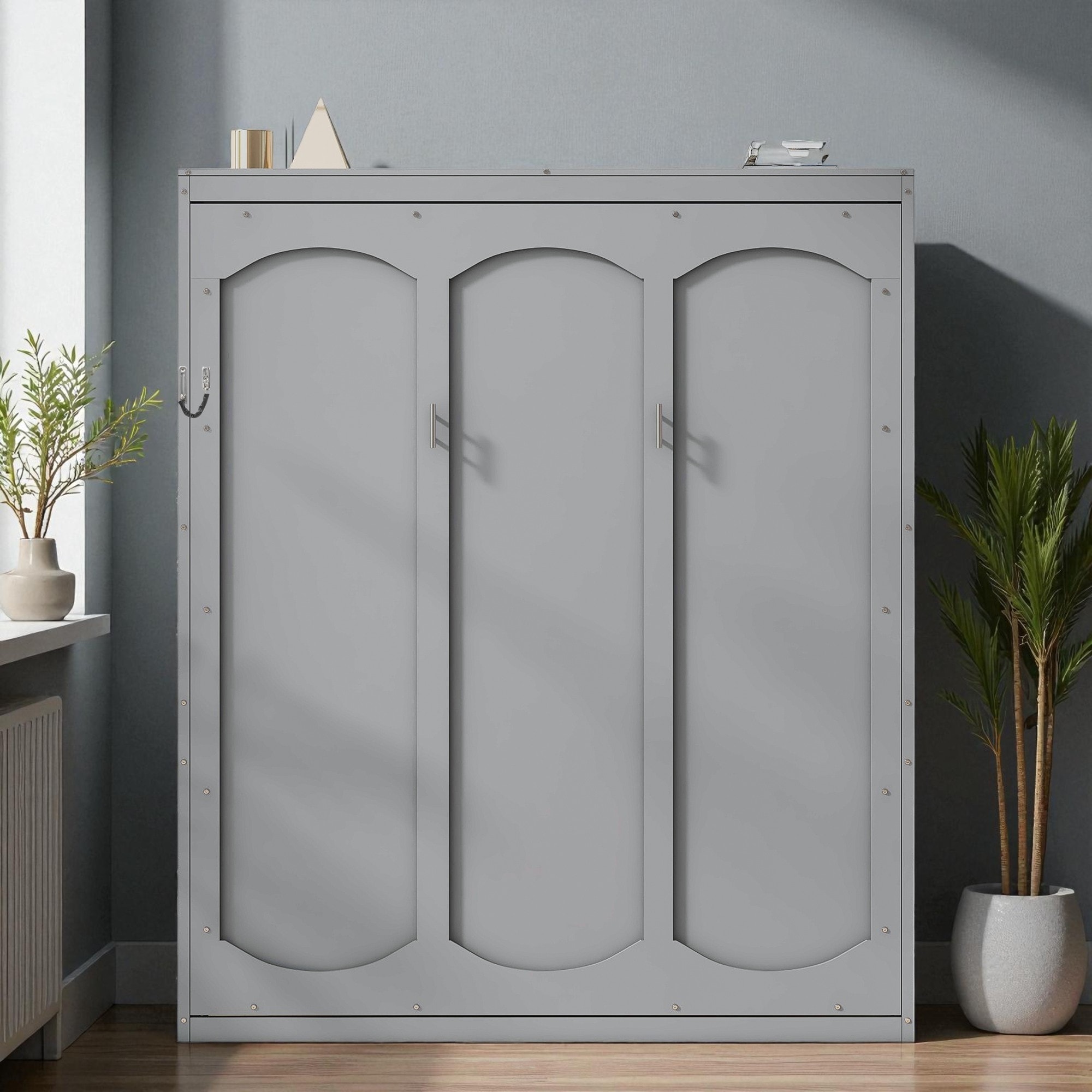 Queen Size Murphy Wall Bed with Shelves, Foldable Cabinet Bed with Storage, Space-Saving Wall Bed for Home Office