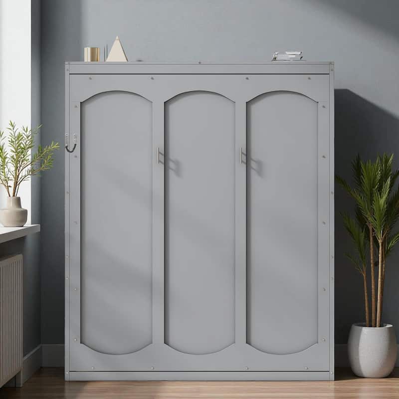 Queen Size Murphy Wall Bed with Shelves, Foldable Cabinet Bed with Storage, Space-Saving Wall Bed for Home Office - Grey - Queen