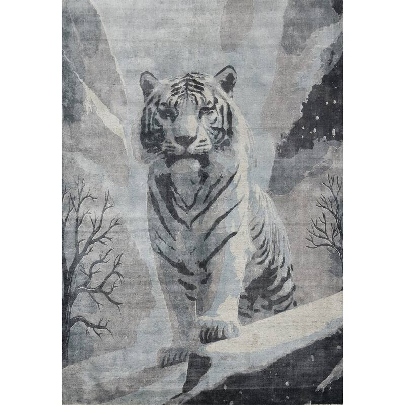Hand Knotted Oriental Viscose Silk Carpet Modern Animal Pictorial Greys & Charcoal Abstract Area Rug - 7' 7'' X 5' 8''