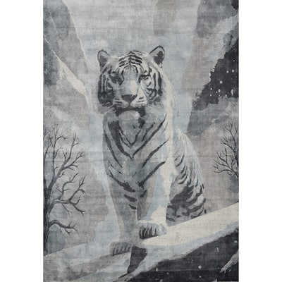 Hand Knotted Oriental Viscose Silk Carpet Modern Animal Pictorial Greys & Charcoal Abstract Area Rug - 7' 7'' X 5' 8''