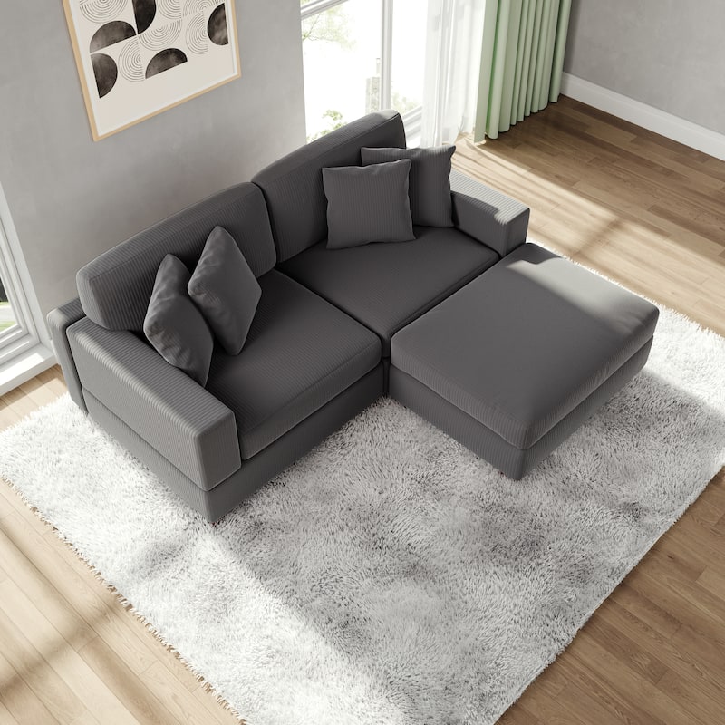 Modular Corduroy Sectional Sofa Set Chaise Couch with Ottoman