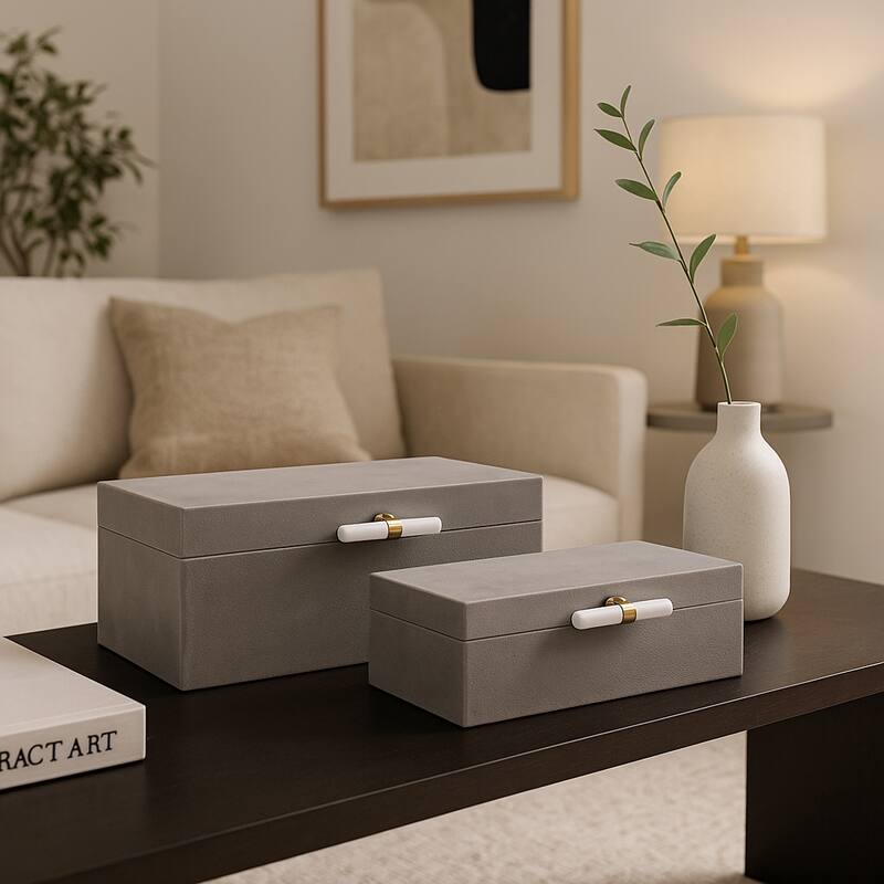 Wood Decorative Boxes with Lid Stone Handle (Set of 2) - 5/6" Gray - 14" x 9.25" x 6.5"